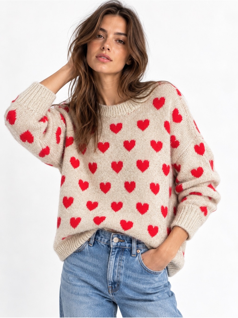 Vince Camuto Womens Heart Sweater Small Beige Red Oversized Valentine Coquette